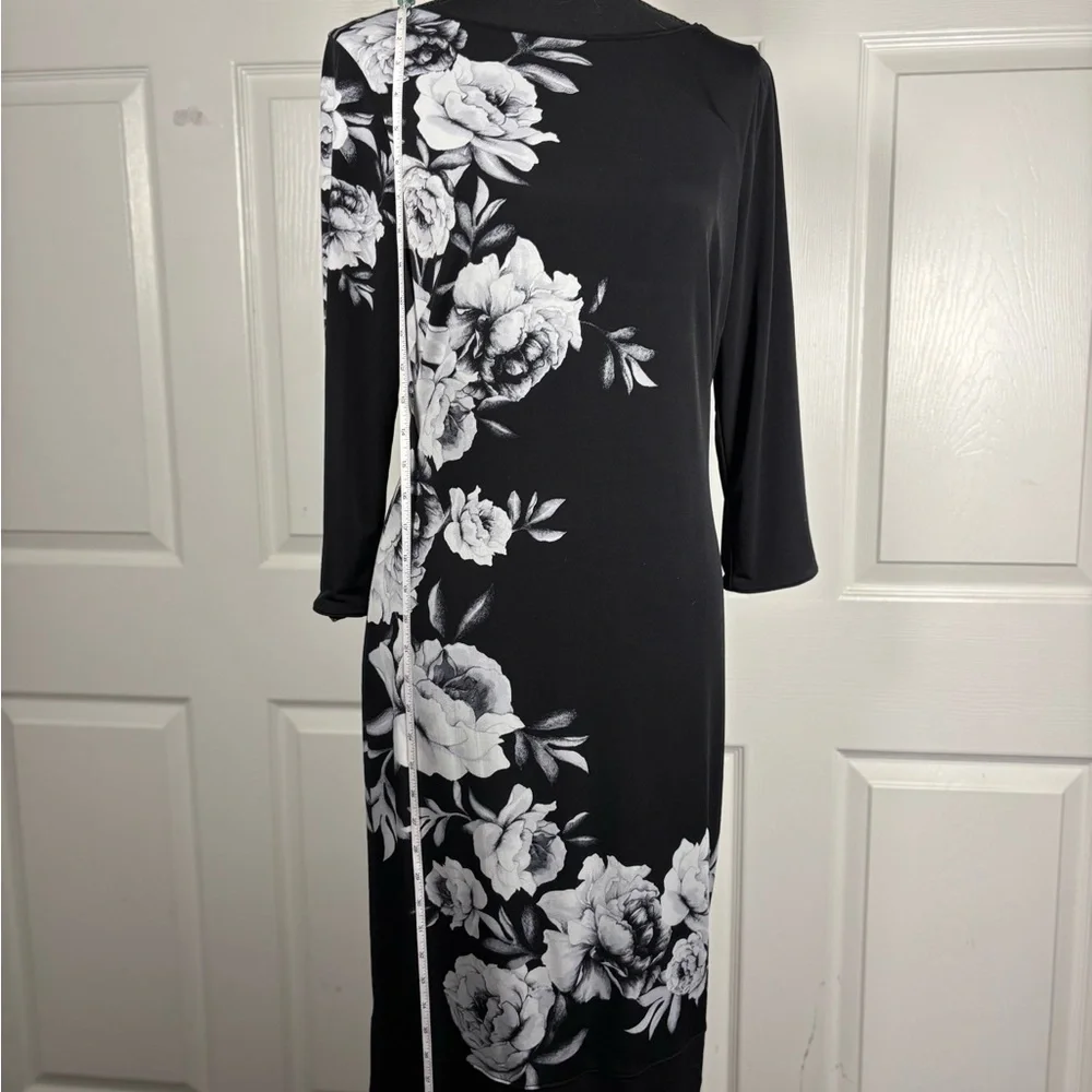 White House Black Market Asymmetrical Black Dress with White Floral Design - Picture 12 of 13